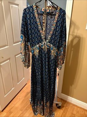 Forever 21 Navy Paisley-Print Maxi Dress with Multicolor Trim